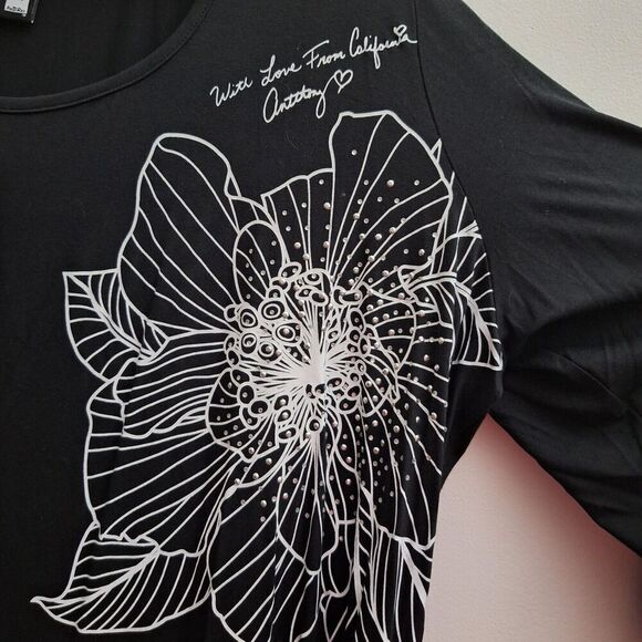 ANTTHONY Knit Top Blouse Plus 3X Black White Floral 3/4 Sleeve Stretch Scoop NWT - Picture 2 of 5